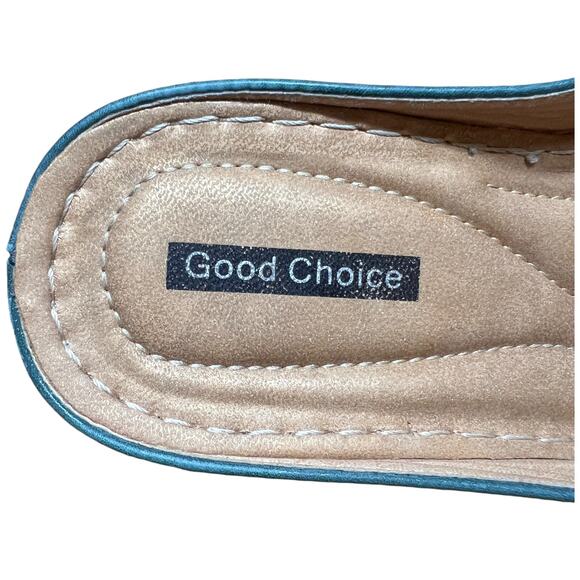 GOOD CHOICE Sydney Size 7.5 Turquoise Slip On Wedge Heel Sandals Floral Flower - Picture 13 of 14